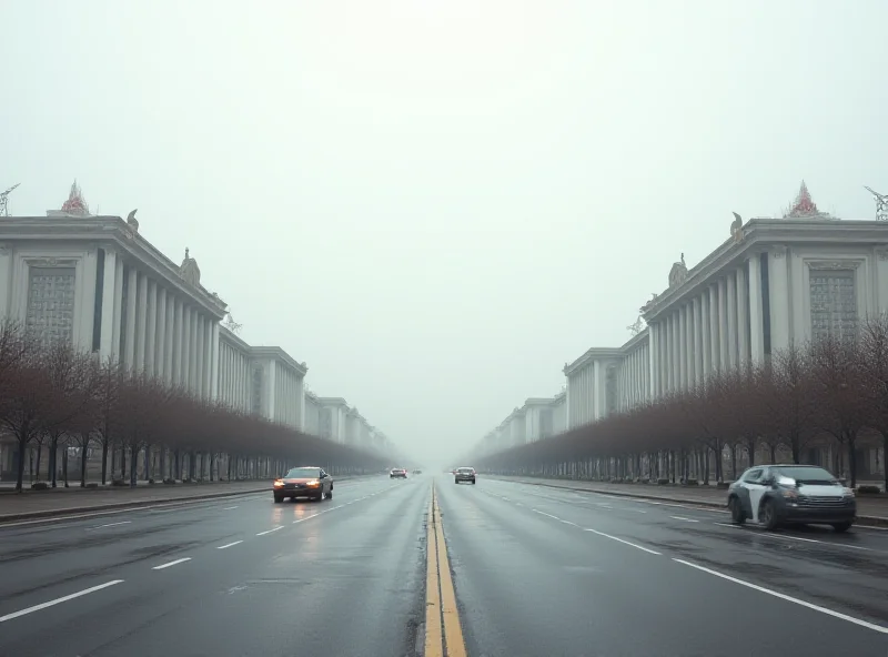 A wide, empty boulevard in Pyongyang, showcasing the city's unique architecture and atmosphere.