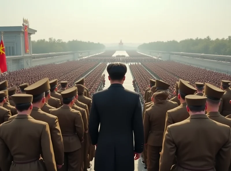 Kim Jong-un observing a military parade with high-ranking officials in Pyongyang.