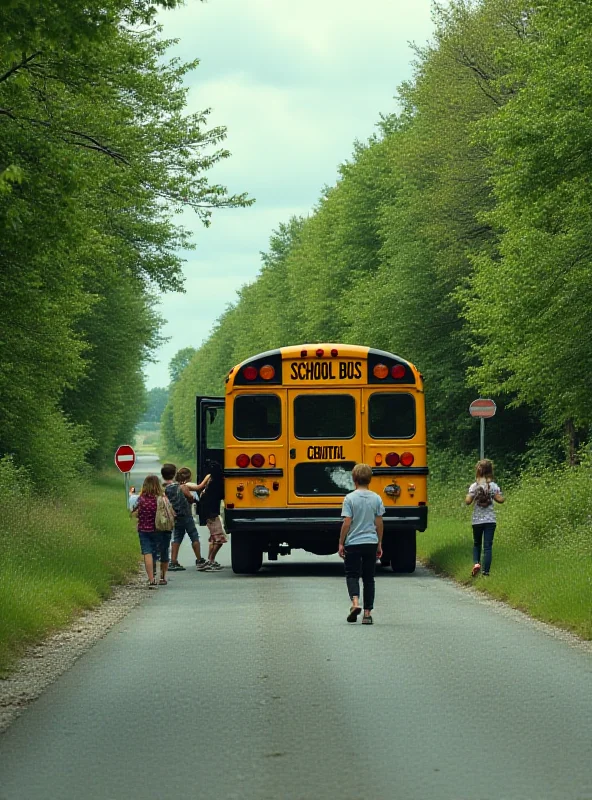 A yellow school bus with its stop sign extended, parked on a rural road. Children are disembarking. The scene is peaceful but carries a sense of underlying danger.