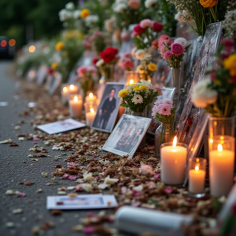 A roadside memorial with flowers and candles, commemorating victims of a car accident. The scene is somber and reflective, with a sense of loss and remembrance.
