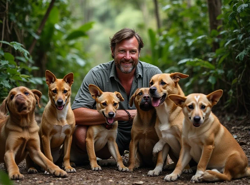 Niall Harbison surrounded by rescued dogs in Thailand. He is smiling and interacting with the dogs, showcasing a sense of joy and fulfillment in his rescue mission.