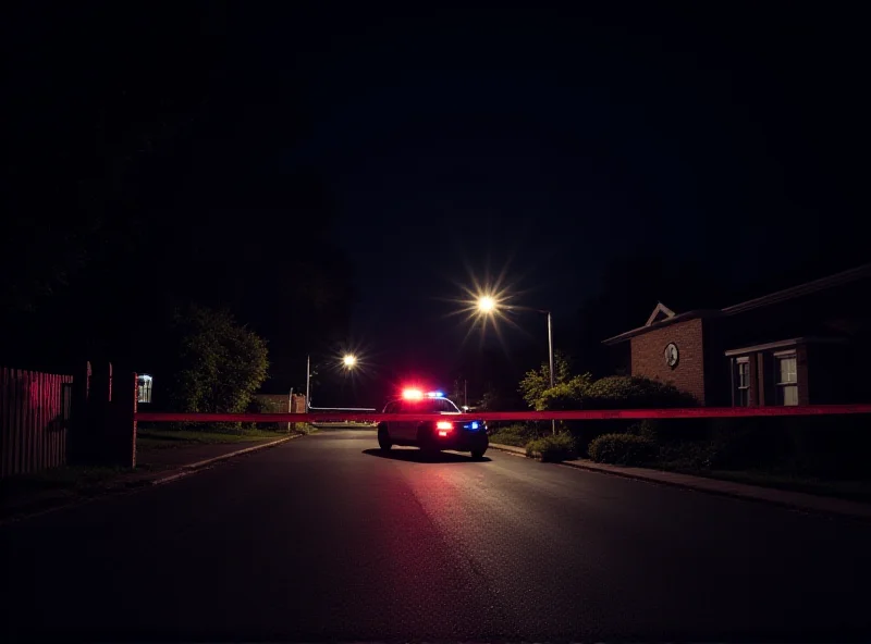 Police tape at night in front of a house, indicating a crime scene investigation.