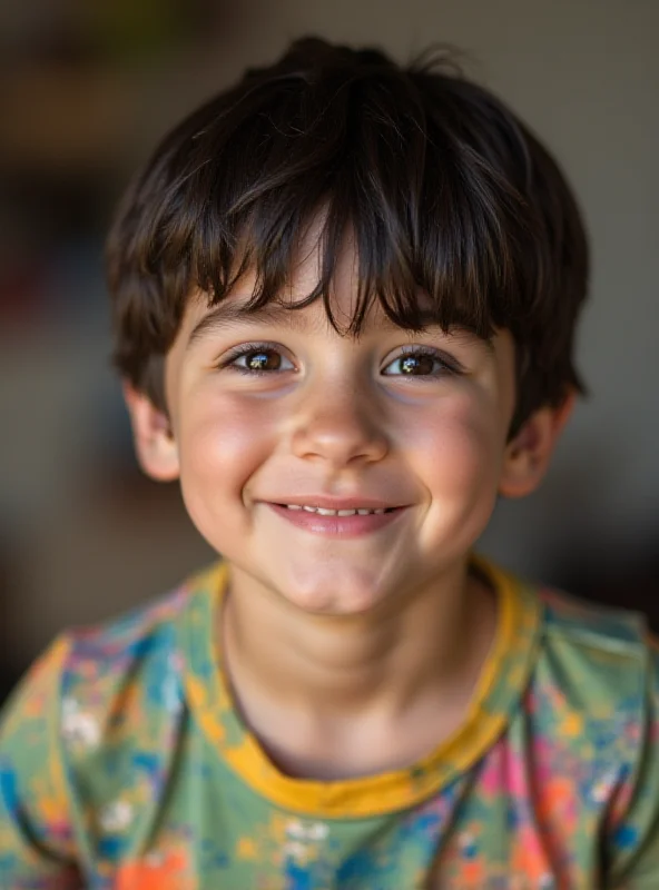 A young boy smiling brightly, looking directly at the camera. He has short dark hair and is wearing a colorful shirt.