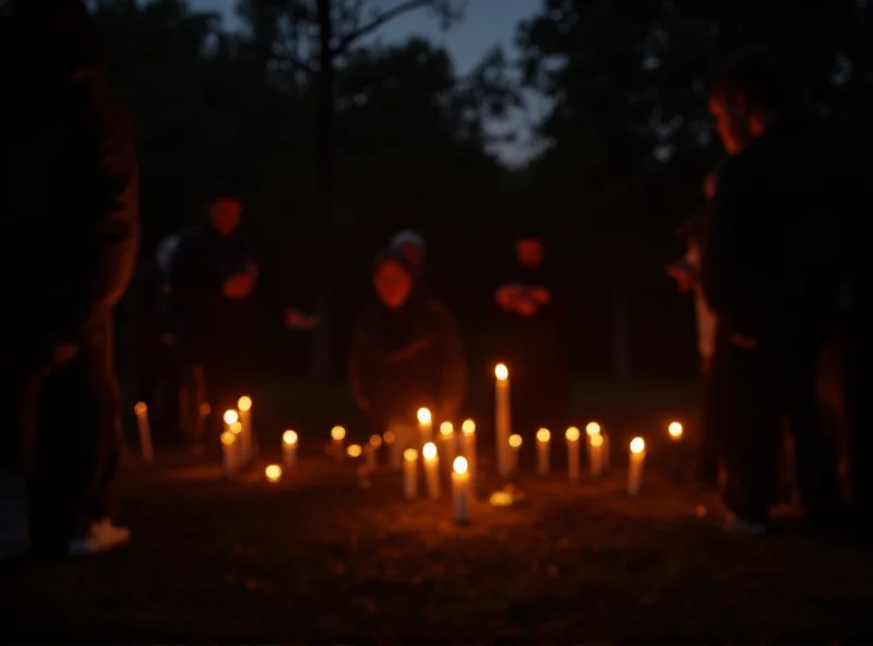 Candles burning at a vigil held in a park, with people gathered in the background offering support and condolences.