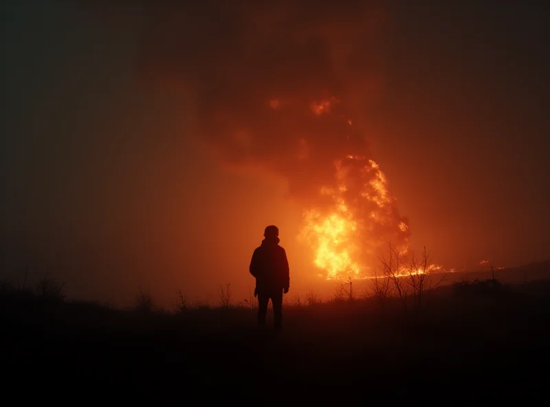 Silhouette of a person looking at a distant explosion.