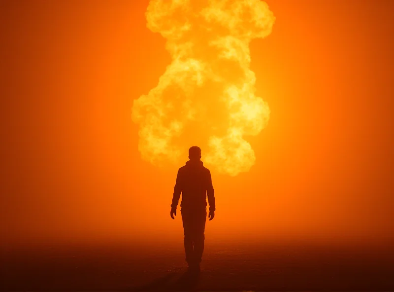 Silhouette of a person walking away from an explosion, representing a close call.