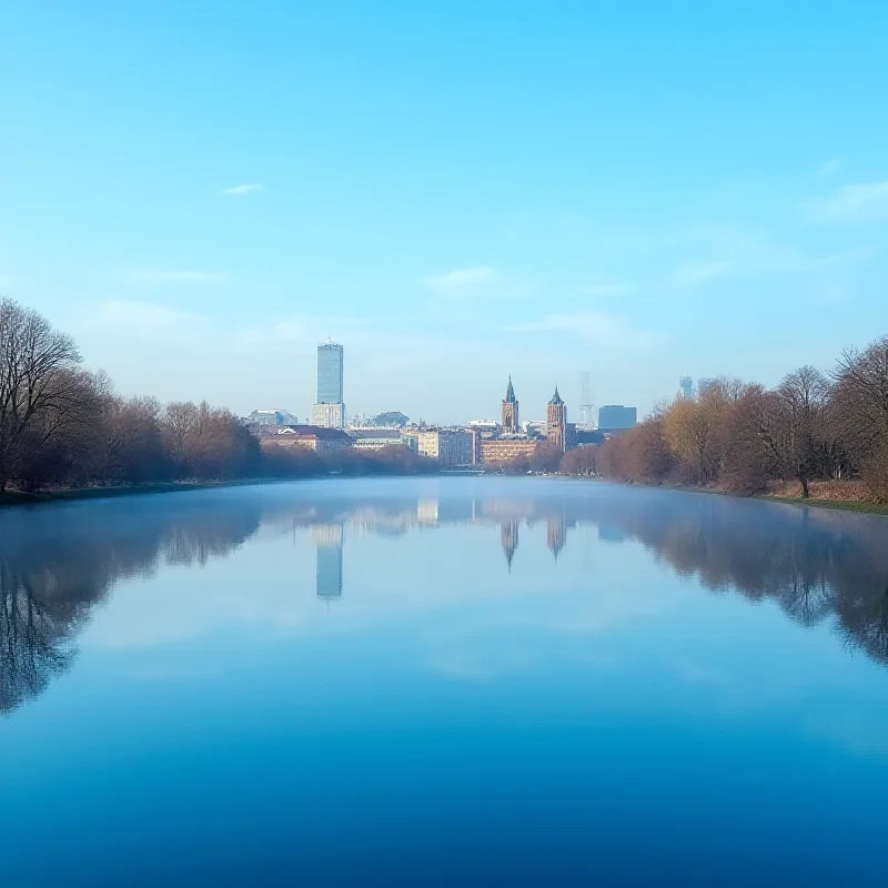 A reflective pool of water showing the Novaky skyline.