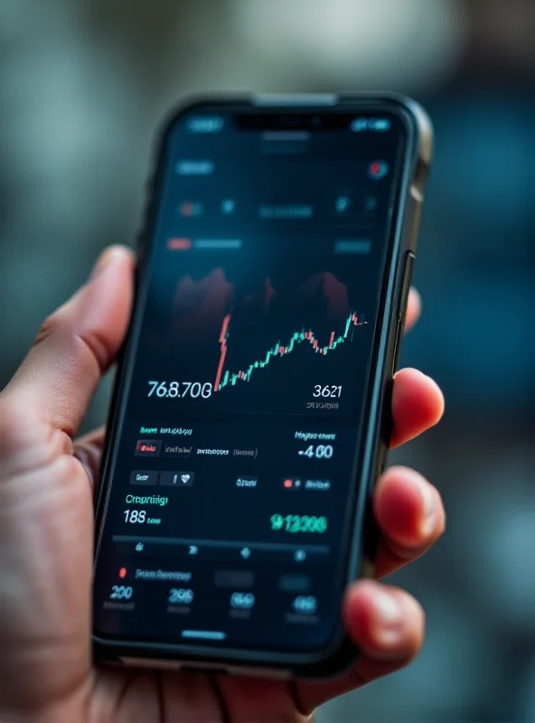 A close-up of a hand hovering over a stock trading app on a smartphone, with charts and graphs visible in the background.