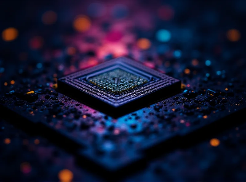 Close-up of an Nvidia GPU chip reflecting light, showcasing intricate circuitry.