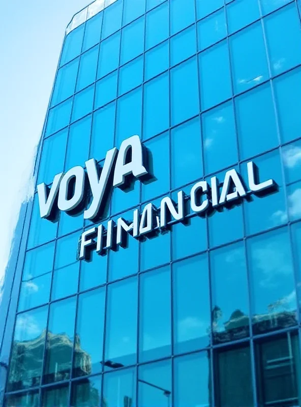 Modern glass office building with the Voya Financial logo prominently displayed, blue sky and clouds reflected in the glass