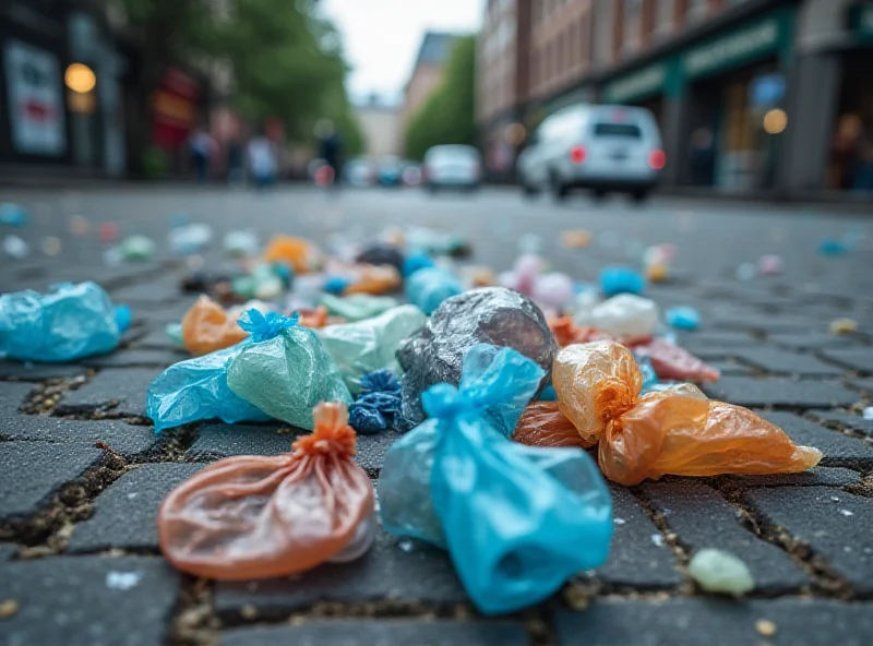 Pile of discarded plastic bags in a city street.