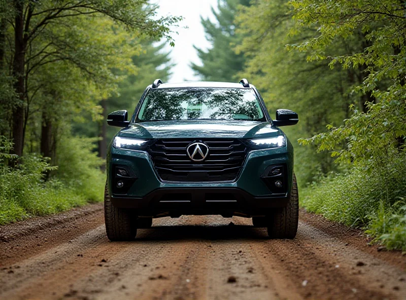A modern SUV with a boxy, truck-like design driving on a dirt road.