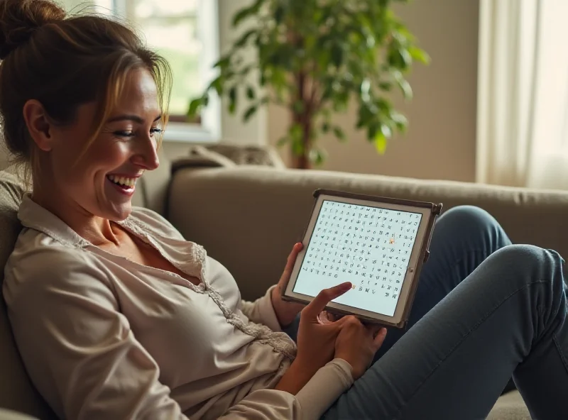 A person happily solving a word puzzle on their tablet.