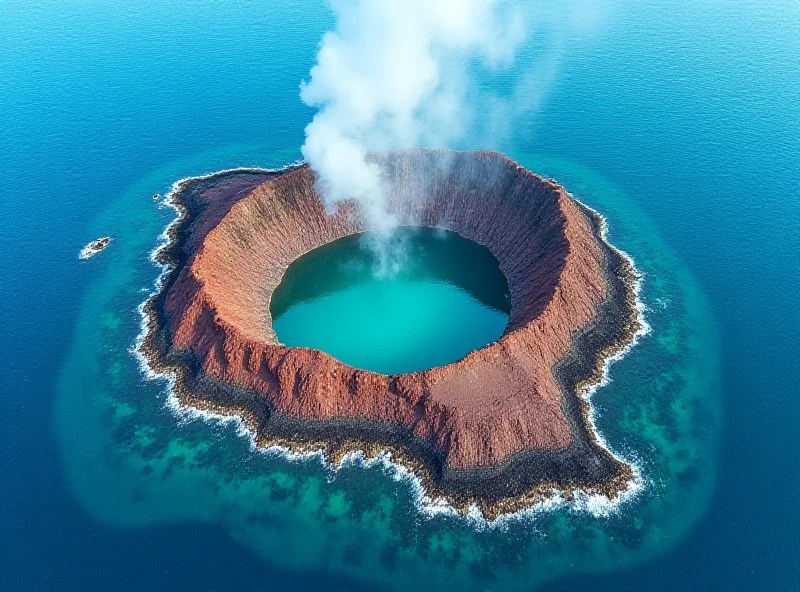 Aerial view of Whakaari/White Island, a volcanic island with steam rising from its crater.