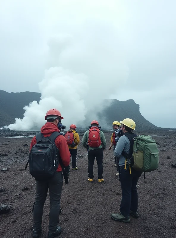A group of tourists walking near a volcanic vent with safety equipment before the eruption.