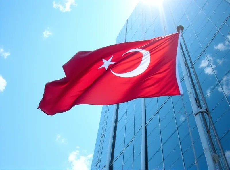 Turkish flag waving in front of a government building.