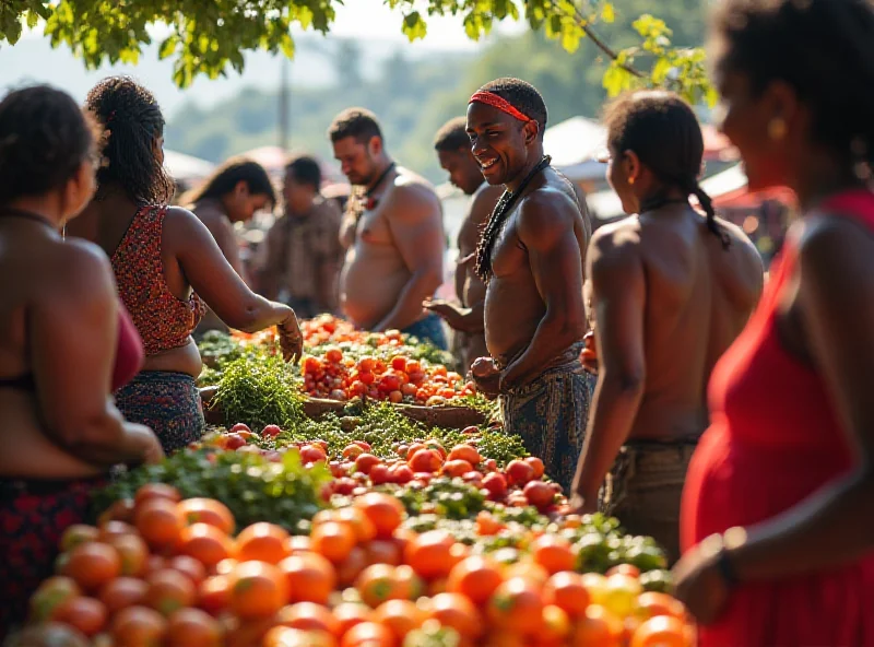 A vibrant marketplace in Papua New Guinea, showcasing the diversity of the local culture. People are seen interacting and trading goods, highlighting the richness of the community life.