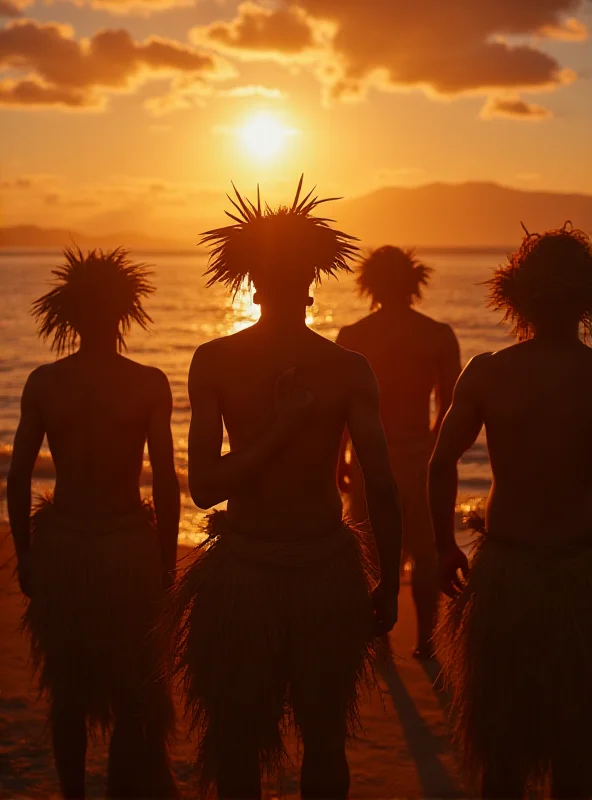 A still from Mr. Explorer's documentary showcasing an ancient Polynesian ritual being performed by traditionally dressed individuals against a backdrop of a stunning sunset over the Pacific Ocean.