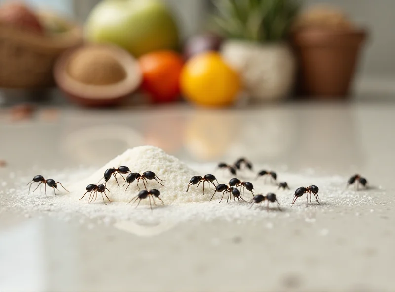 A close-up photograph of a line of ants marching across a kitchen counter, with a small pile of white powder visible next to them.