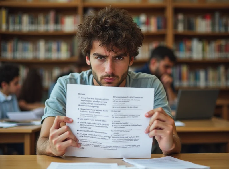 A student looking confused while holding a leaflet or paper with complicated linguistic instructions on it.
