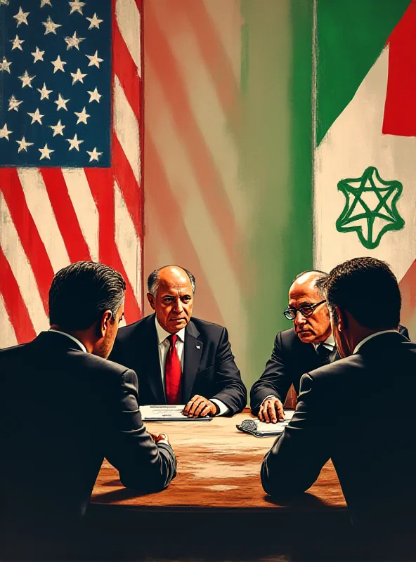 A depiction of peace talks between US and Hamas representatives at a table with flags in the background.