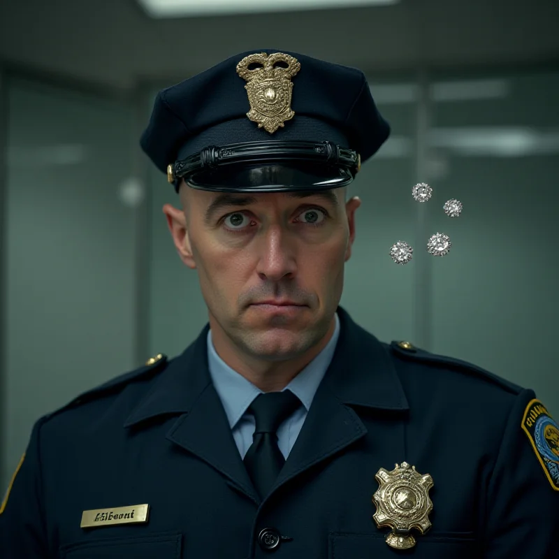 A police officer looking bewildered with a pair of Tiffany earrings floating above his head.