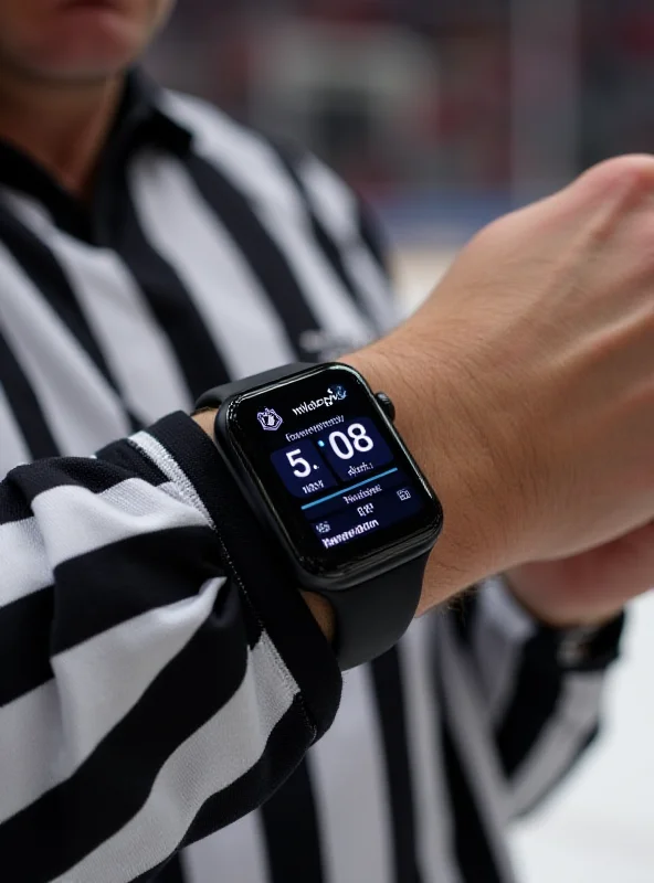 An NHL referee wearing an Apple Watch with the NHL Watch Comms App displayed