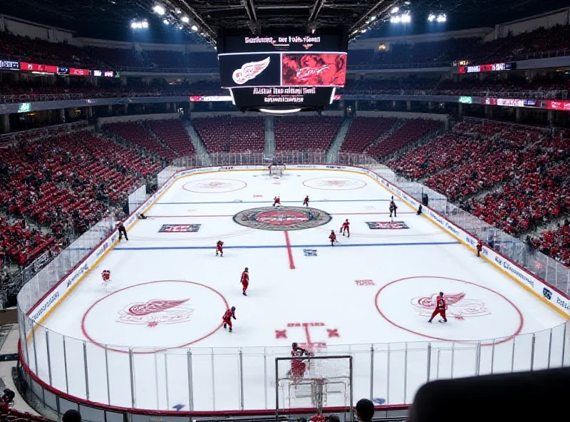 A wide shot of the Detroit Red Wings and Columbus Blue Jackets playing in the Stadium Series game at Ohio State University