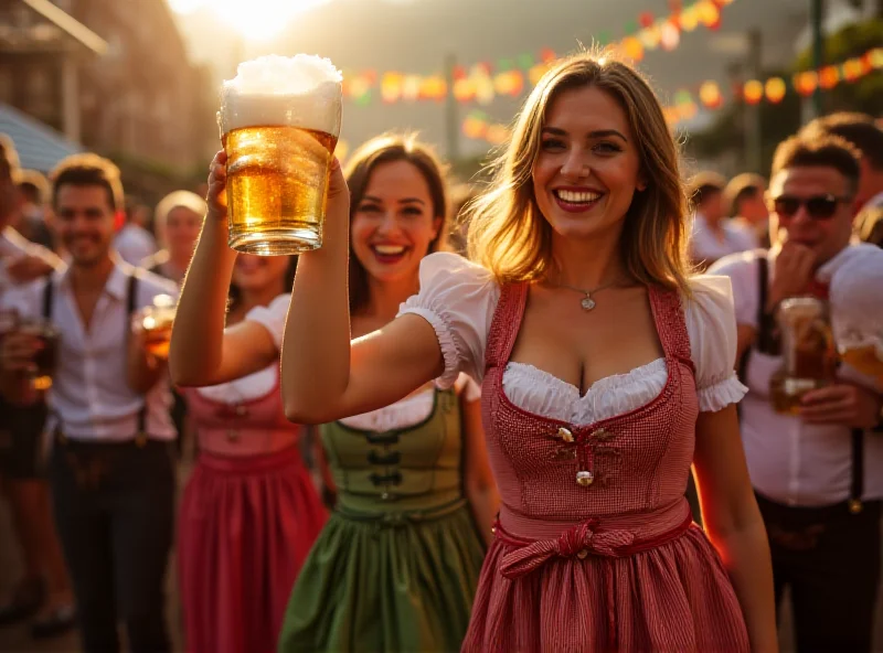 People in traditional Oktoberfest attire, raising beer steins.
