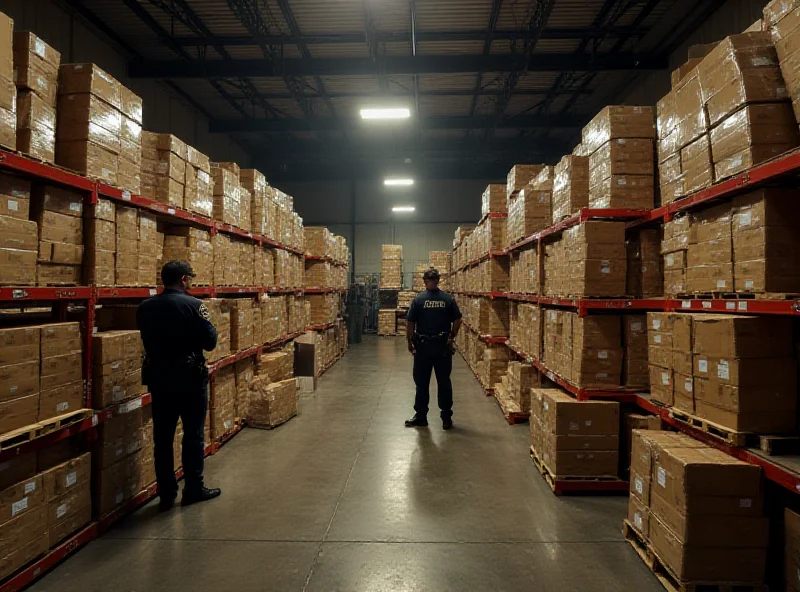 Seized illegal cigarettes stacked high in boxes inside a warehouse.