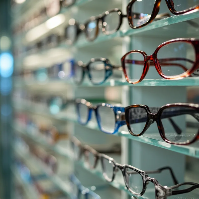 A close-up of various styles of glasses frames arranged neatly on a display shelf.
