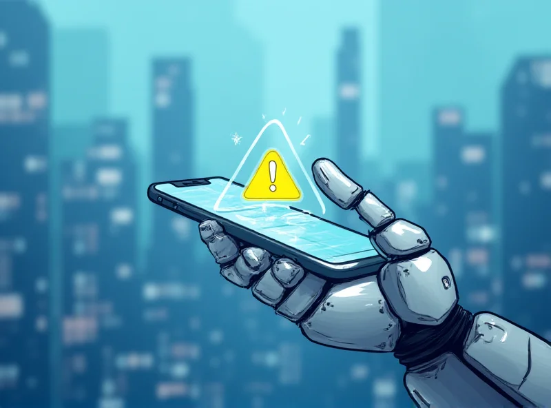 Illustration of a robotic hand holding a smartphone displaying the ChatGPT interface, with a delay icon overlaid.