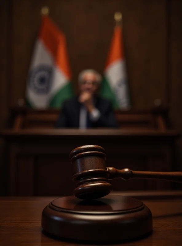 A gavel striking a sound block in a courtroom setting, with the Indian flag subtly visible in the background.