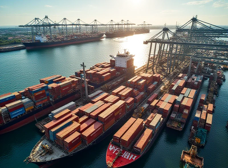 Aerial view of a busy shipping port with containers labeled 'Singapore' and 'Malaysia'.