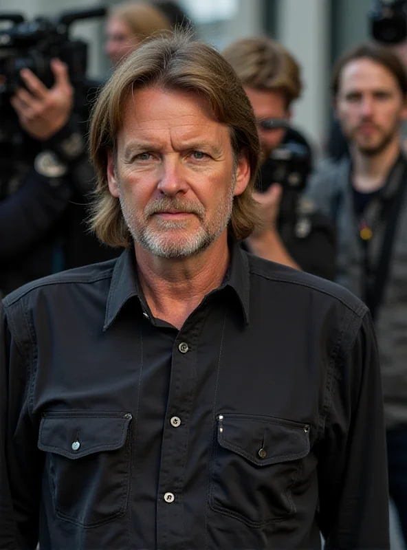 Sean Baker looking serious during an interview, with camera crew in the background.