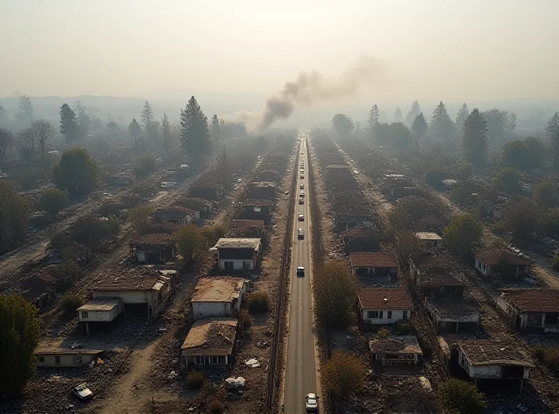Aerial view of houses damaged by a wildfire in Los Angeles