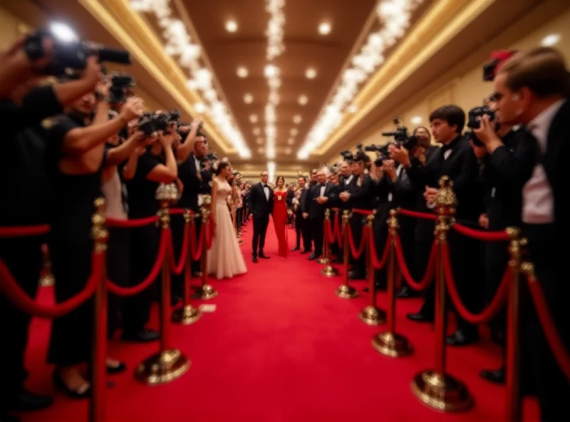 A wide shot of the Oscars red carpet with celebrities in glamorous gowns and tuxedos posing for photographers.