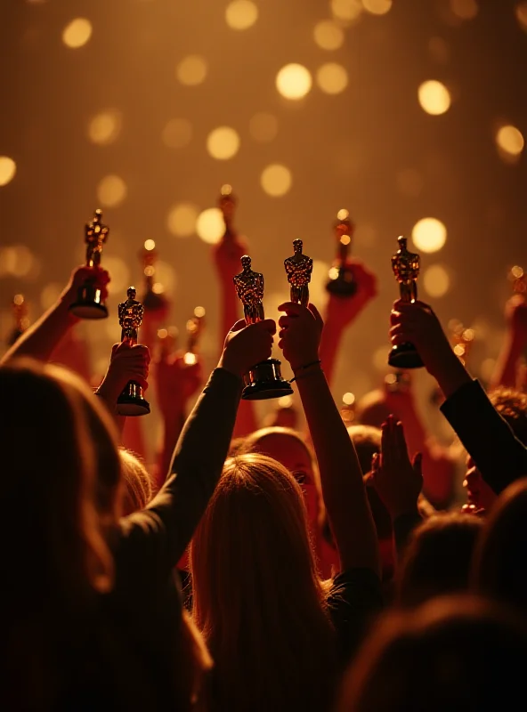 A close-up shot of the cast and crew of the movie 'Anora' holding their Oscars trophies and celebrating their win.