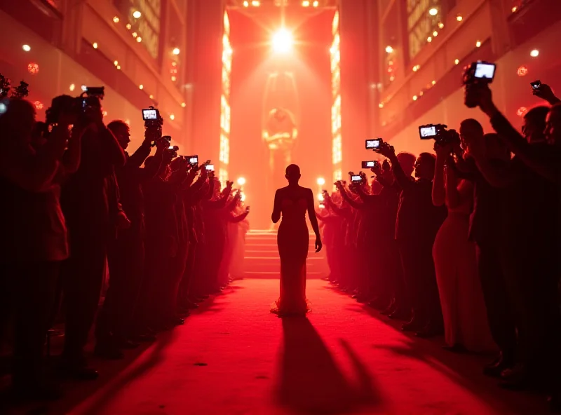 A glamorous red carpet scene with celebrities arriving at the Oscars.