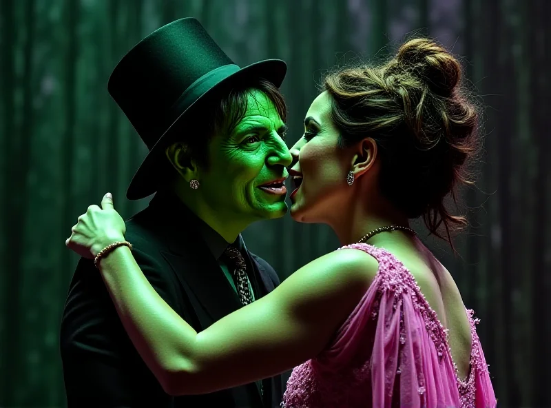 Close-up shot of Elphaba and Glinda from Wicked embracing on stage with green and pink lighting.
