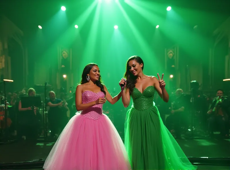 A wide shot of the Oscars stage with Ariana Grande and Cynthia Erivo performing in green and pink costumes, respectively.