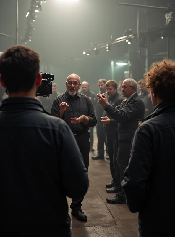 A director giving instructions on a film set, with cameras and crew visible.