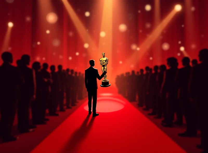 A digital illustration of a red carpet event with a spotlight shining on a person holding an Oscar statue. The background is blurred, suggesting a crowd and flashing cameras.