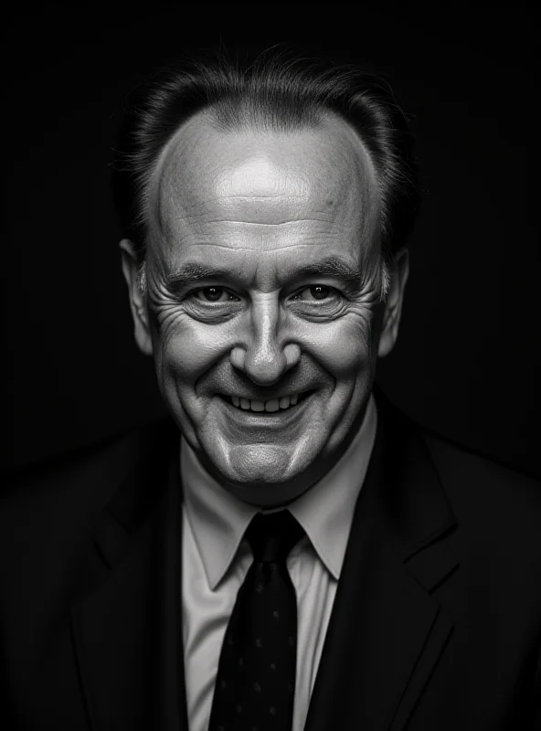 A black and white portrait of Gene Hackman, a famous actor, smiling slightly. He has a strong, distinguished face and is wearing a suit. The lighting is soft and cinematic.