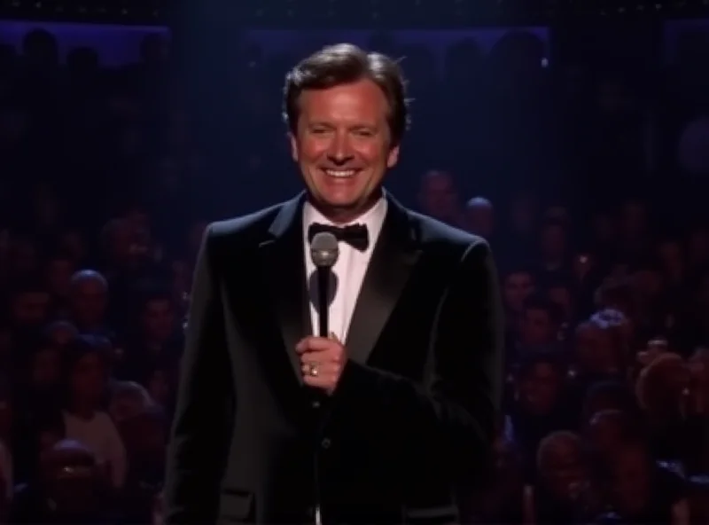 Conan O'Brien standing on a stage with a microphone in hand, smiling at the audience. He is wearing a tuxedo and the stage is brightly lit with spotlights. The background shows a blurred audience.