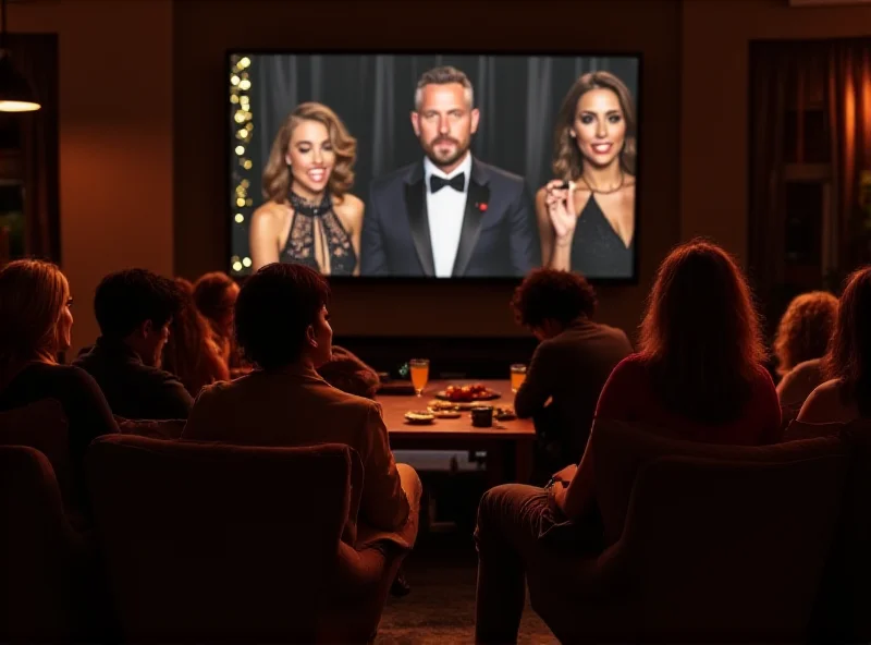 A diverse group of people watching the Oscars on television, looking thoughtful.