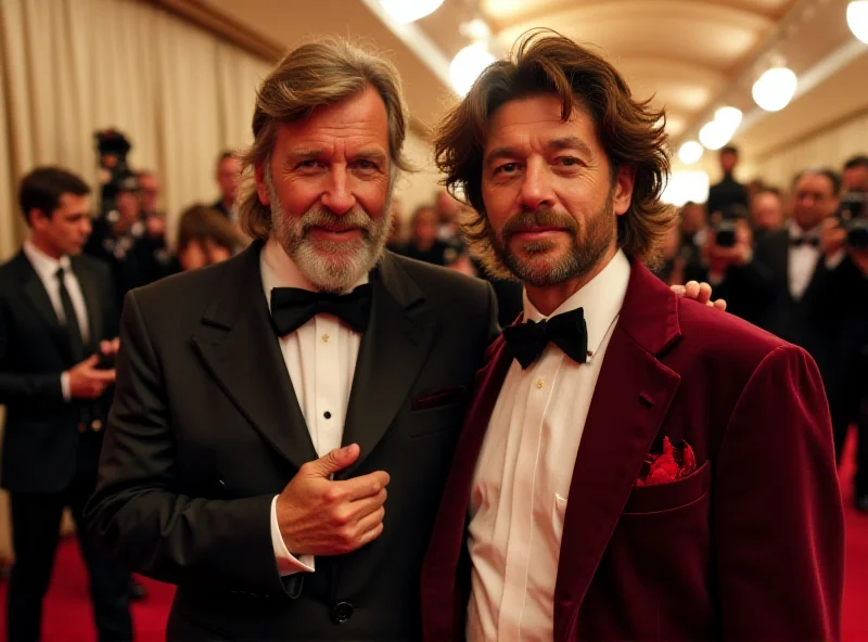 Jeff Goldblum and his partner on the red carpet at the 2025 Oscars, both wearing stylish and coordinated outfits.