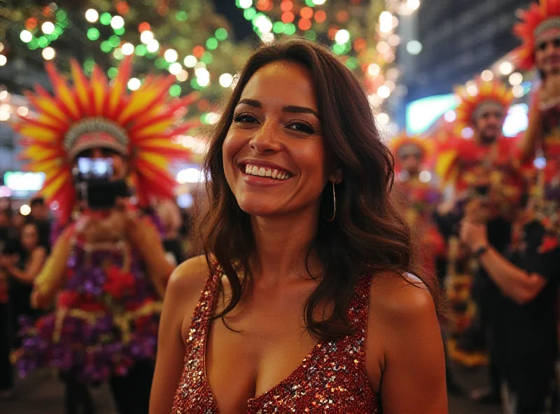 Bruna Marquezine in a private box at the Rio de Janeiro Carnival, wearing a colorful and festive outfit, with samba dancers in the background.