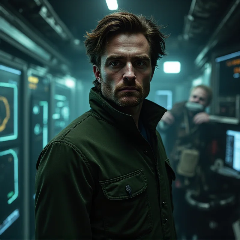 Robert Pattinson as Mickey Barnes in 'Mickey 17', standing in a futuristic spaceship environment, looking determined and slightly quirky.