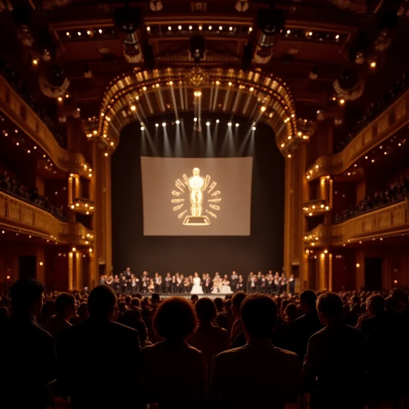 A wide shot of the Dolby Theatre during the Oscars ceremony, showing the stage and audience.